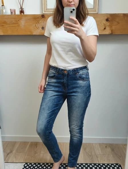 Vinted AI fotó: szűk farmer, virtuális modellen viselve, egyedi háttérrel