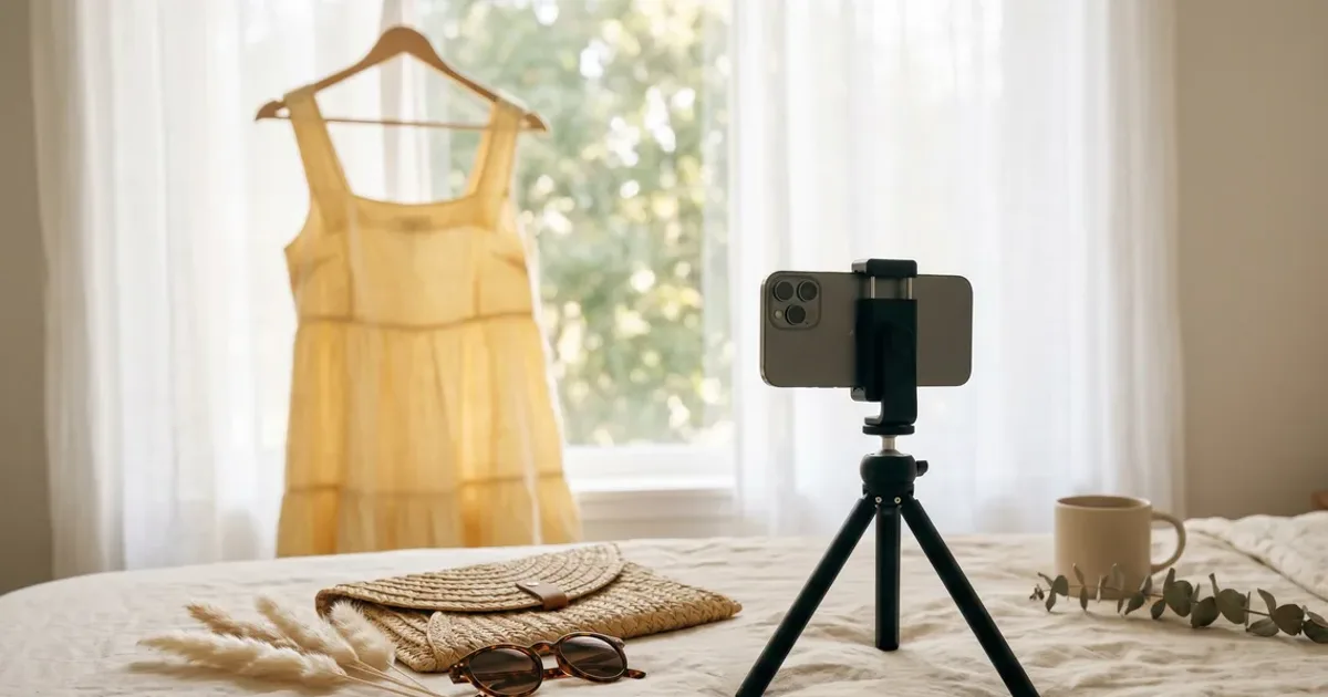 Smartphone on a tripod facing a yellow dress hanging by a window, ready to photograph a second-hand clothing listing