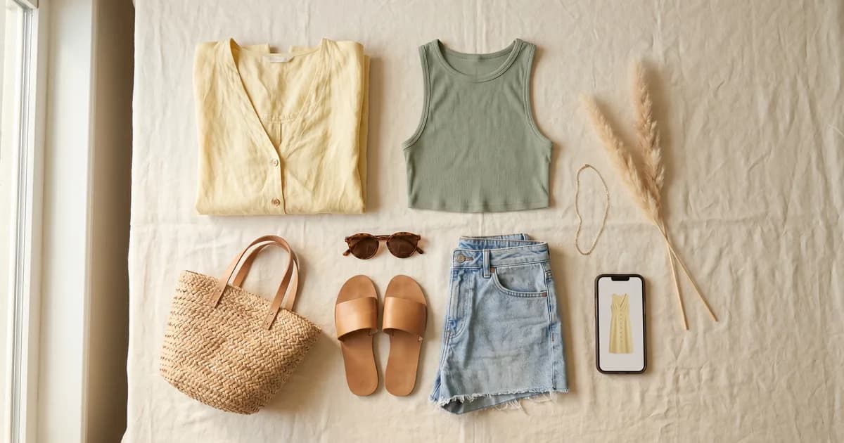 Summer closet flat-lay: pastel second-hand pieces (yellow linen top, denim shorts, sandals, straw basket, sunglasses) ready to sell, with a smartphone showing a dress — VendyStudio AI photo