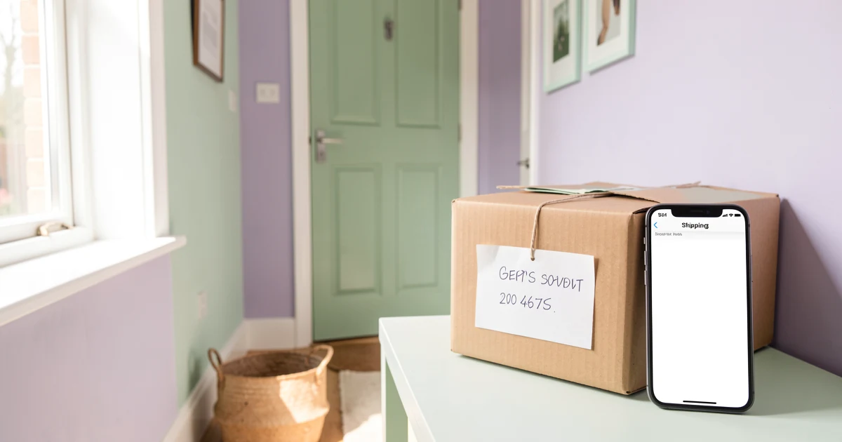 A packed parcel with a handwritten address label next to a phone showing a shipping app, illustrating arranging postage independently from Ireland
