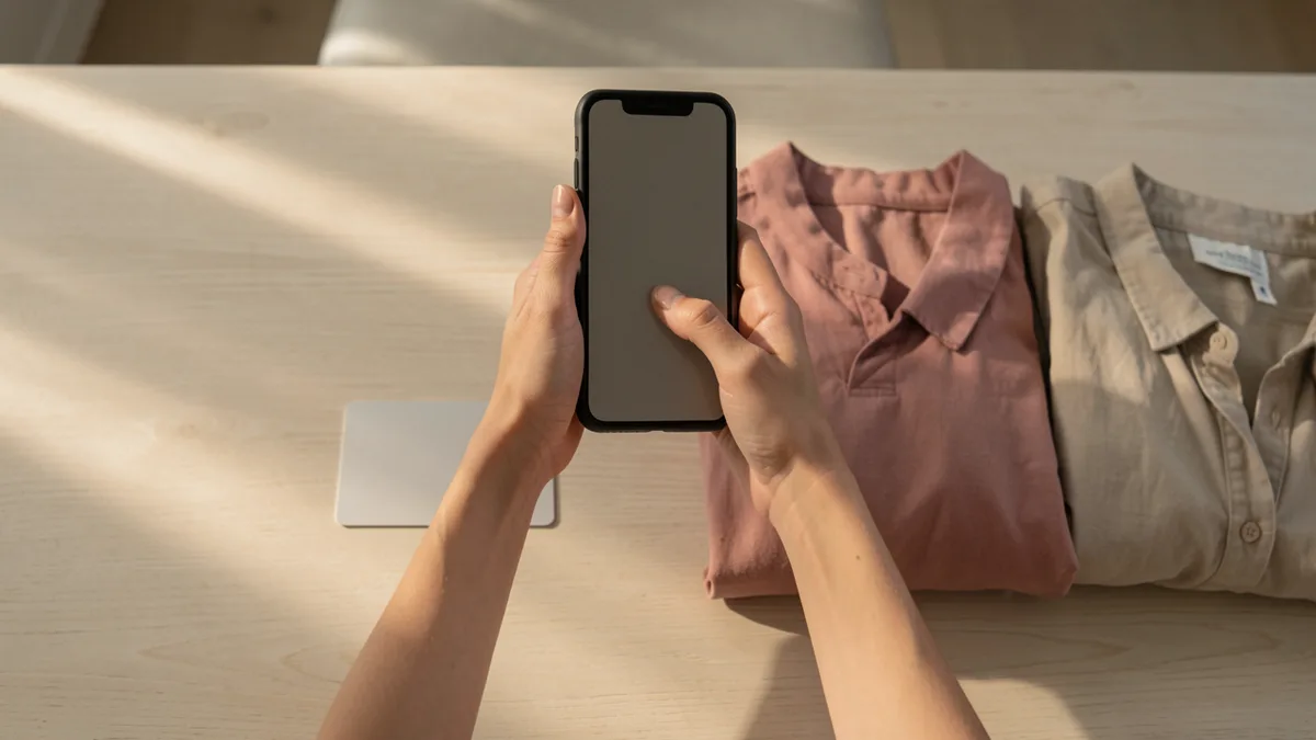 Dłonie trzymające smartfon nad drewnianym stołem, obok dwóch złożonych ubrań z drugiej ręki