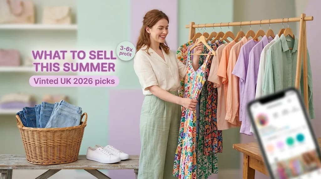 UK charity shop rail of summer clothing — sourcing guide for Vinted resellers 2026