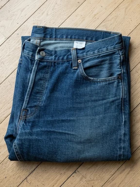 Blauwe spijkerbroek plat opgevouwen, amateurfoto met de telefoon