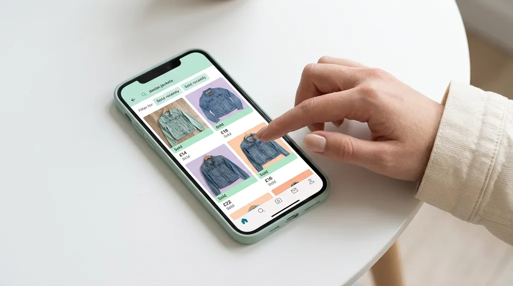 A Vinted seller on her phone benchmarking sold prices for a denim jacket before listing