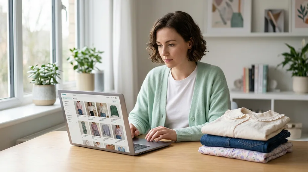 A Vinted seller reviewing her wardrobe listings on a laptop to set up bundle discounts